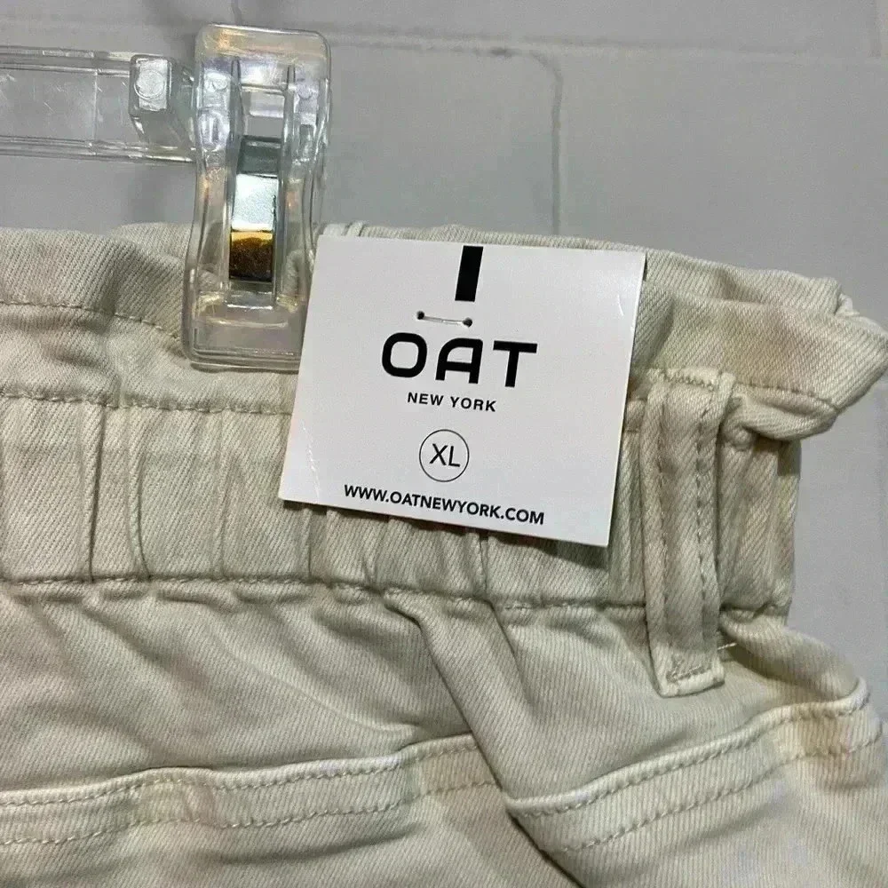 OAT New York High Waist Slouchy Denim Shorts XL Beige Elastic Waist Raw Hem‎ NWT